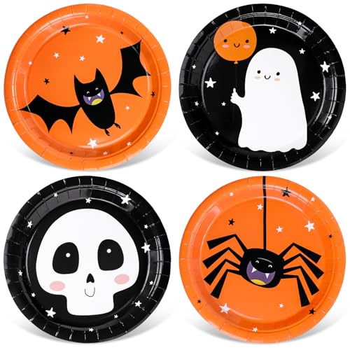 Halloween Paper Plates 9 Inch Pack of 24 - Spooky Bat Ghost Skull Design for Parties