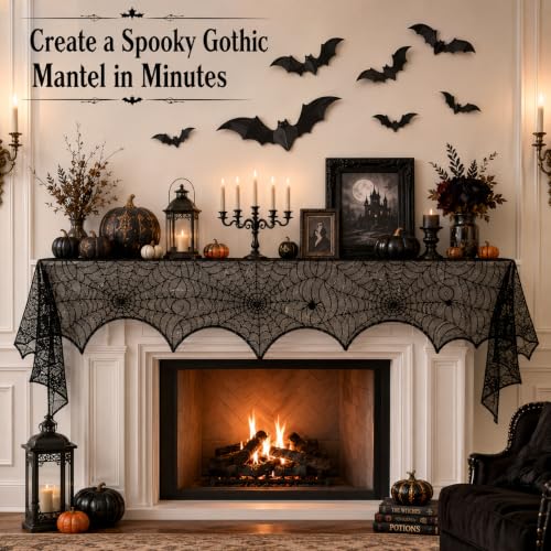 Halloween Tablecloth and Decor Set with Spider Web Lace Runner Bat Wall Stickers