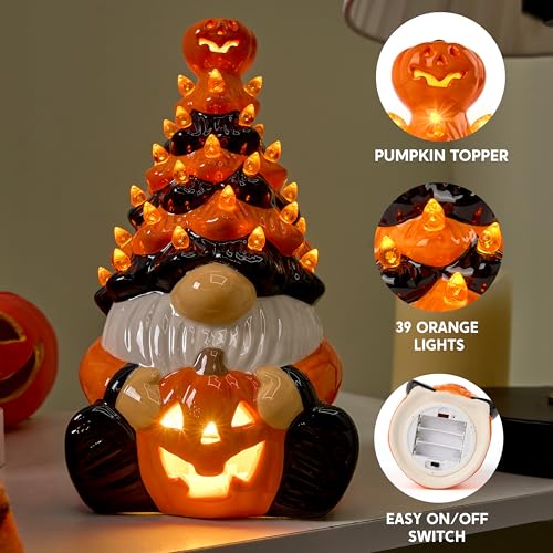 Halloween Pumpkin Gnome Ceramic Tree with Built-in LEDs - 8.5 Inch Tabletop Decor