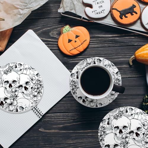 Halloween Ceramic Coasters Set with Iron Holder Skull & Floral Design
