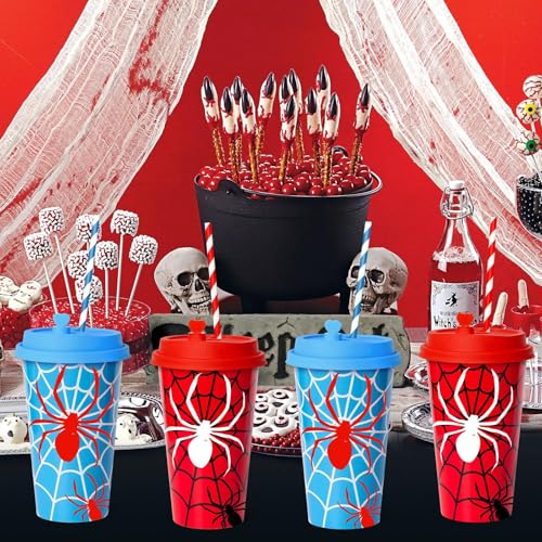 24 Pack Halloween Spider Web Plastic Party Cups with Lids - Reusable Kids Birthday Favors