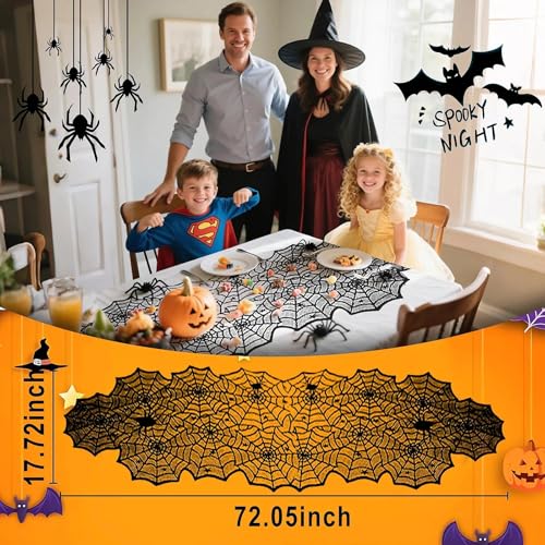 Halloween Spider Web Table Runner Black Lace Polyester Spooky Decor