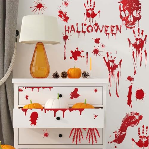 PartyGarden Bloody Halloween Wall Decals - 8 Sheets, 86 Pieces Spooky Handprint & Footprint Stickers