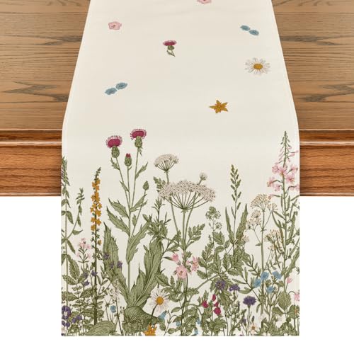 Antique Herbs and Wild Flowers Table Runner 13x90 Inch Off White Summer Fall Decor