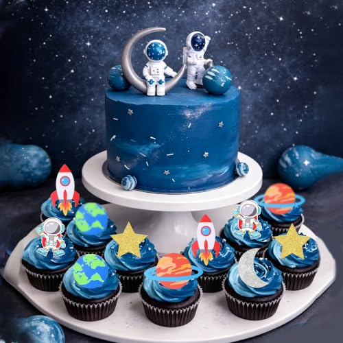 Edible Space Astronaut Cupcake Toppers Set - 12 Variations Planet Rocket Moon