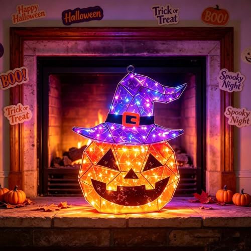Outdoor Light Up Pumpkin with Witch Hat & 85 LEDs - 24 Inch Halloween Decor