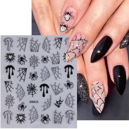 Flower Nail Stickers-5 Sheets Halloween Spider Web Rhinestones & Star Design Decals