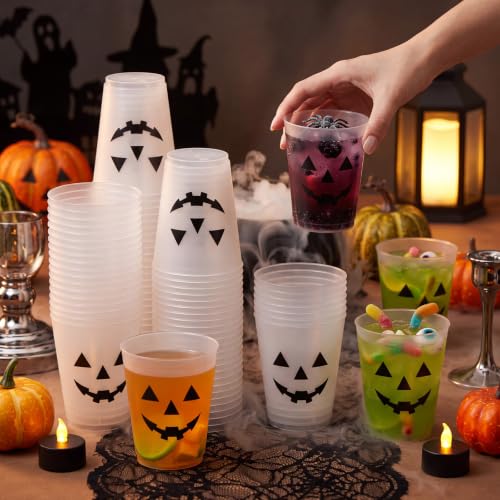 Halloween Black 16 oz Frosted Plastic Pumpkin Face Cups - Bulk Set