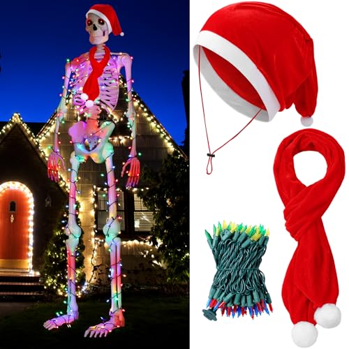 Giant 12ft Skeleton Christmas Outfit Set with Lights and Accessories for Holiday Decor