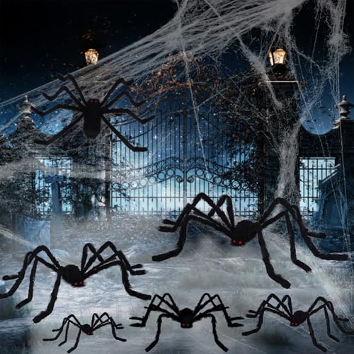Halloween Giant Spider Decorations 6 Pack - Realistic Black Scary Spiders for Yard & Home Halloween Decor