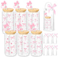 Pink Bow Glass Cups Set with Lids Straw Covers - 6 Piece Gift Set - Pink Bow Variation