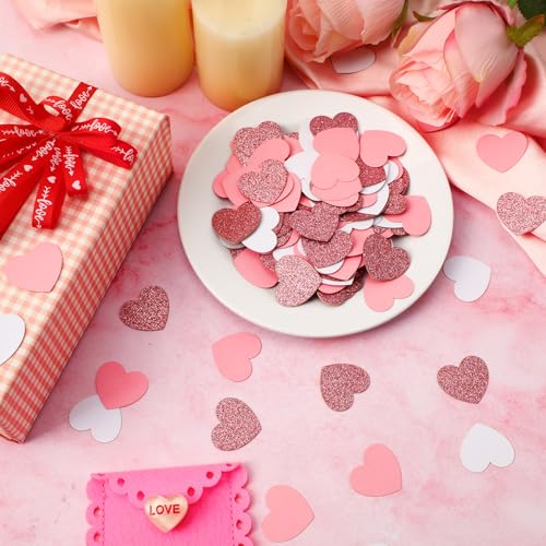 Pink White Heart Valentine Confetti - 200 Pieces Glitter Heart Shaped Decor