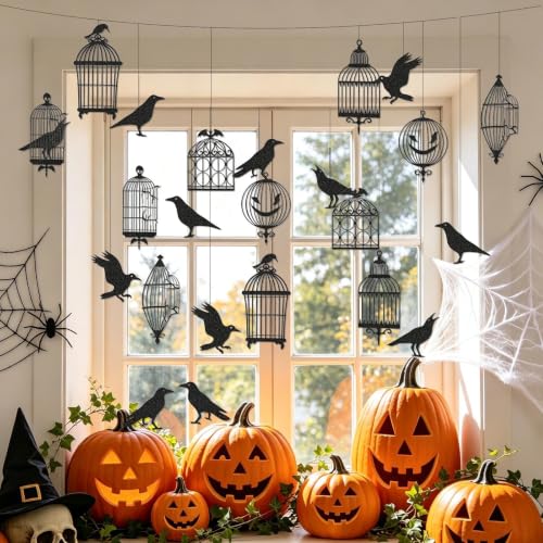 Gothic Crow Decoration Set with Birdcages and Crows for Haunted House Halloween & Gothic Decor