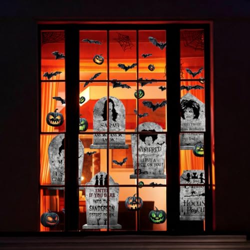 Halloween Window Clings Set - Static Decor for Indoor Outdoor Windows, Tombstones & Witch Stickers