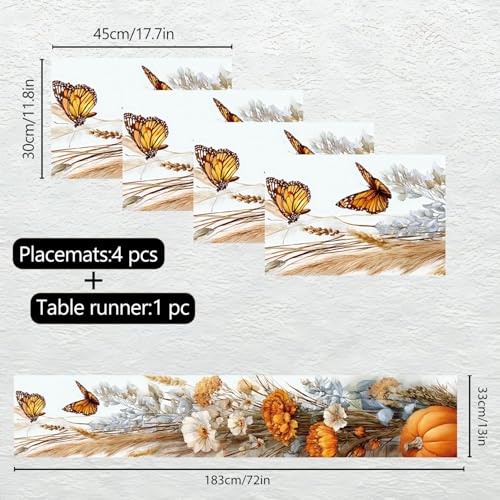 Autumn Floral & Butterfly Table Runner & Placemats Set - 87 / Set of 4 - Rustic Fall Linen Decor
