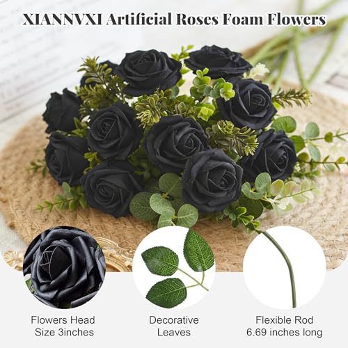 Artificial Black Roses Foam Flowers - 16 Pcs, DIY Floral Decor, Adjustable Stems, Gift Set