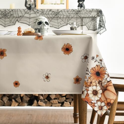 Halloween Ghost Flower Tablecloth 60 x 120 Inch Beige Rectangular Decor