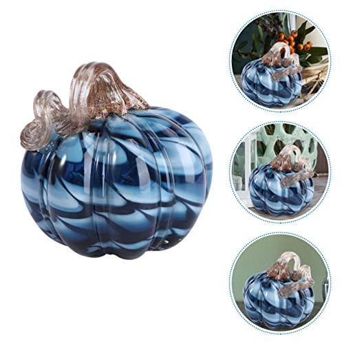 Blue Glass Pumpkin Tabletop Decor Hand Blown Fall Thanksgiving Halloween Ornament