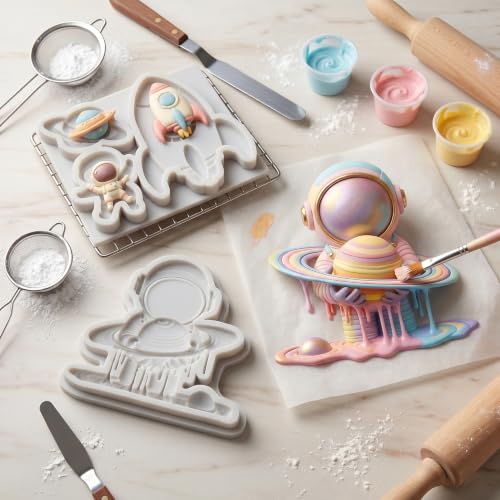 Space Themed Fondant Molds Set of 2 - Astronaut, Rocket & Planet Silicone Cake Decorations - Style B