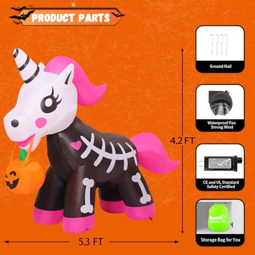 5FT Halloween Inflatable Skeleton Unicorn with LED Lights Outdoor Yard Decor