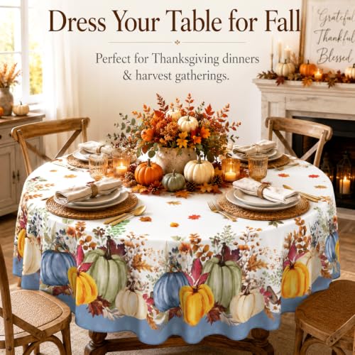 Yellow and Blue Fall Round Tablecloth 60 Inch Autumn Pumpkin & Maple Leaf Decor