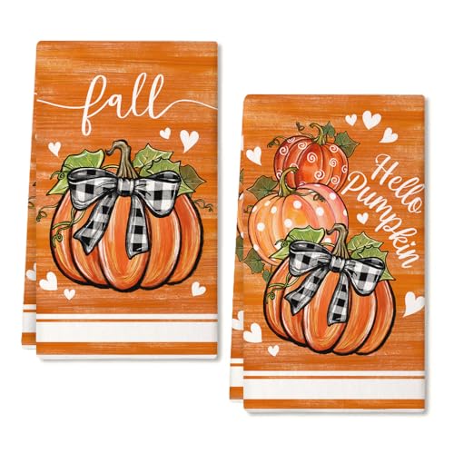 Pumpkin Fall Kitchen Towels Set of 2 - Black Ribbon Autumn Decor