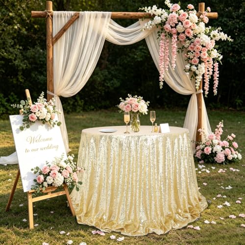 Light Gold Sequin Round Tablecloth 120 Inch Sparkly Cover for Parties & Events