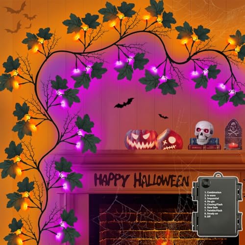 9 FT Halloween Vine Twig Garland with LED Lights and Black Leaves for Indoor Outdoor Decor
