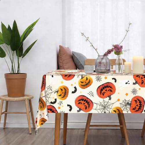 Halloween Tablecloth 60x84 Inch Rectangular Jack-O-Lantern Spider Web Bat Ghost Reusable Washable
