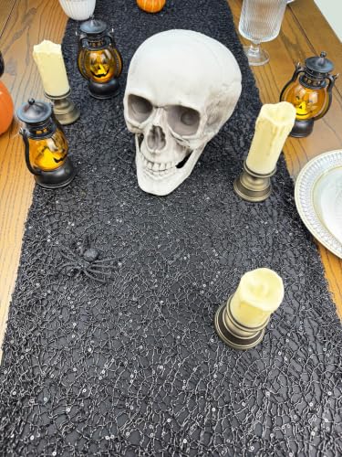 Halloween Skull Table Runner 14x72 Inch Sequin Skeleton Decor for Dining Table