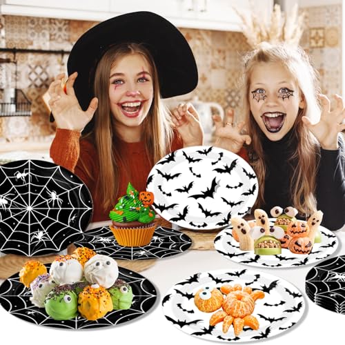 Halloween Party Plates Set - 50 Disposable Spooky Dinnerware with Spider Web & Bat Designs
