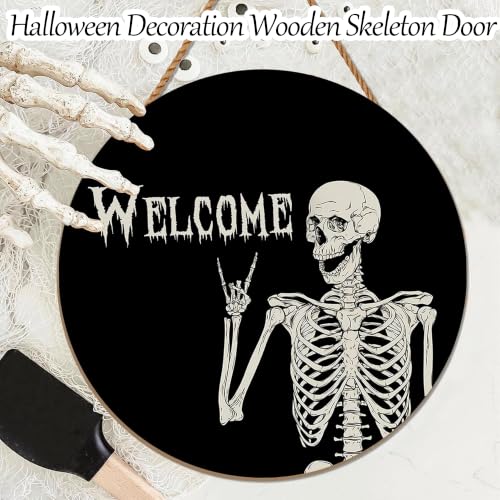 Halloween Wooden Skeleton Sign - Front Door Decor, Rock Gesture & Welcome Text - Skeleton Variation