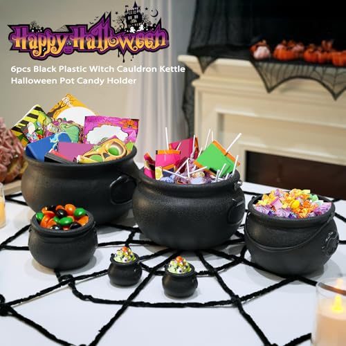 Halloween Witch Cauldron Decorations 6 Pack - Large Black Plastic Cauldrons for Party & Haunted House