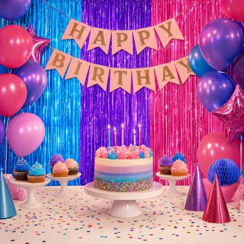 Blue Purple Pink Metallic Foil Fringe Curtains Set - Tinsel Backdrop for Parties