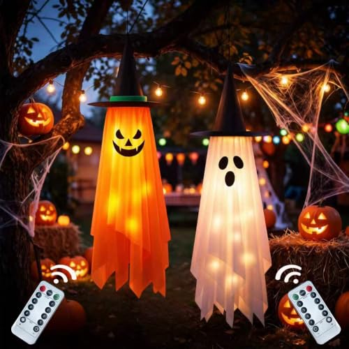 Halloween Outdoor Decorations 4ft Hanging Decor with Timer & Remote Control - Orange & White 2 Pack