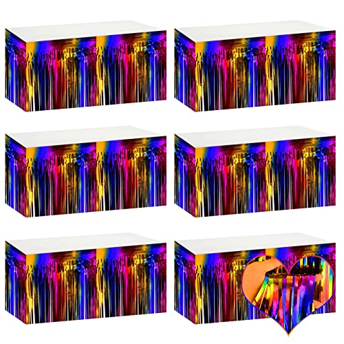 Rainbow Metallic Foil Fringe Table Skirts - 6 Pack, 29x108 Inch Party Decorations