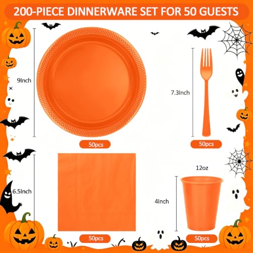 Disposable Orange Plastic Party Plates Set - 50 Count for Thanksgiving Halloween