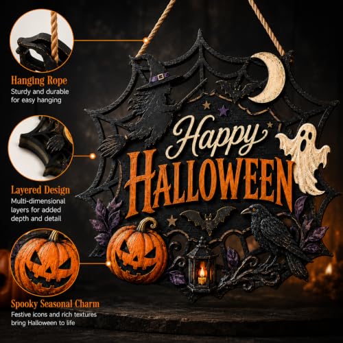 Wooden Halloween Wreath for Front Door Indoor Outdoor Decor - Pumpkin Ghost Witch Design