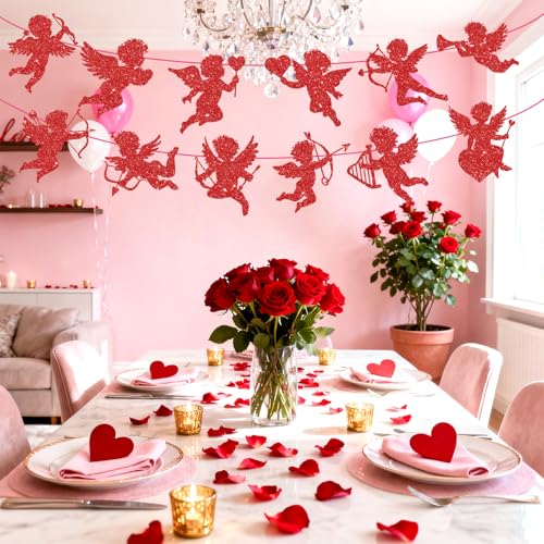 Red Valentine Cupid Paper Cutouts - Glitter Giant Bulletin Board Decorations, 12 Pcs