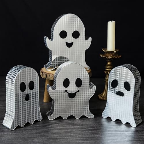 Halloween Disco Ghost Decor Set - 4 Mirrored Spooky Tabletop Decorations