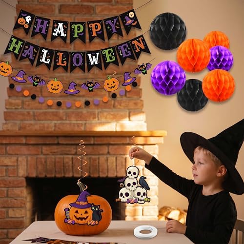 Halloween Party Decorations Indoor - Purple Orange Black Banner Pom Poms Swirls - Variation B