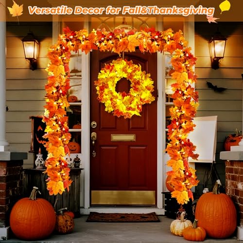 6FT 3-Pack Fall Leaf Garland with Lights - Orange Bulbs for Thanksgiving & Halloween Decor