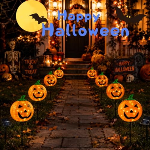 2 Pack Solar Halloween Pumpkin Stake Lights with 8 Modes - Fabric Lantern Yard Decor, Foldable Garden Lights for Lawn Patio Pathway & Party, Variation 2