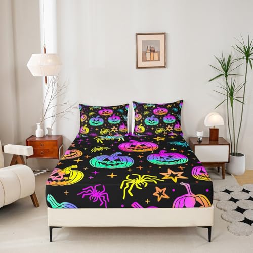 Rainbow Pumpkin Halloween Lantern Fitted Sheet Queen Size - Spiderwebs Glitter Stars Galaxy Bedding Set with Variation Multi 10
