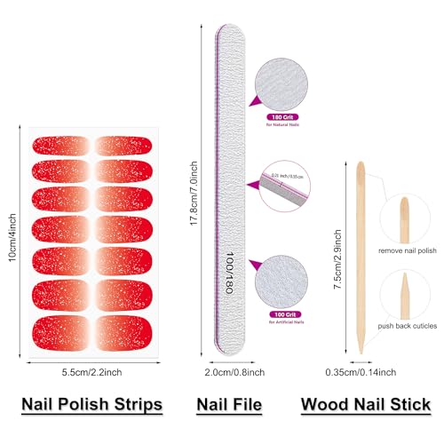 Self-Adhesive Nail Polish Stickers Set - Red Solid & Glitter Gradient Nails, 16 Sheets with File & Cuticle Stick - Long-Lasting Manicure
