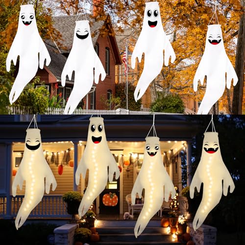 Warm Light Halloween Ghost Windsocks Set - 4 Cute 43 Inch Outdoor Decorations