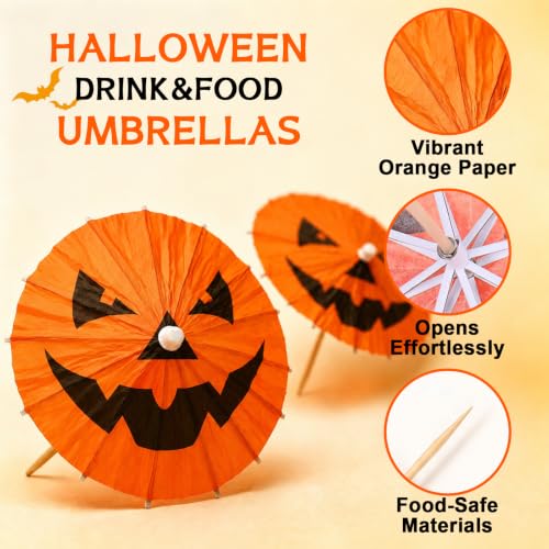 Halloween Pumpkin Cocktail Umbrellas Set - 100 Assorted Spooky Drink Picks