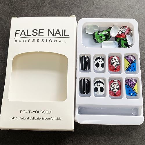 Halloween Short Press-On Nails with Witch Patch & Scary Face Design - Style14, 24pcs