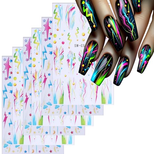 Lightning Nail Art Stickers - 3D Self-Adhesive Colorful Lines & Stars, Lightning Lines Variation