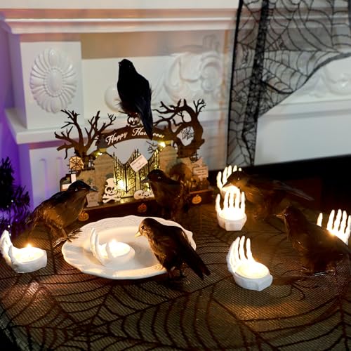 Halloween Black Feathered Crow Decorations Set of 12 - 6.1 Inch Realistic Birds with Bendable Wires